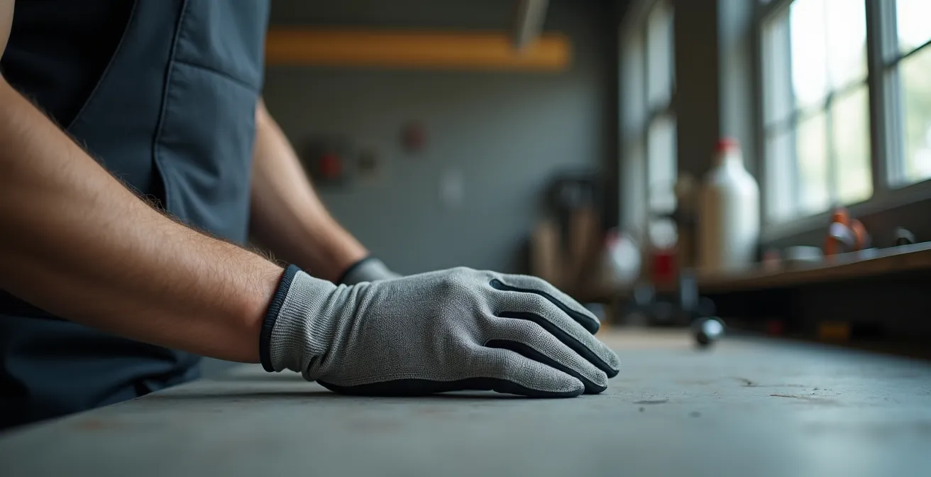Photographie d'ambiance montrant l'ajustement optimal d'un gant sur la main d'un professionnel, avec focus minimaliste