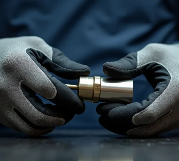 Serrurier portant des gants de protection adaptés, en train de manipuler un cylindre de serrure avec précision