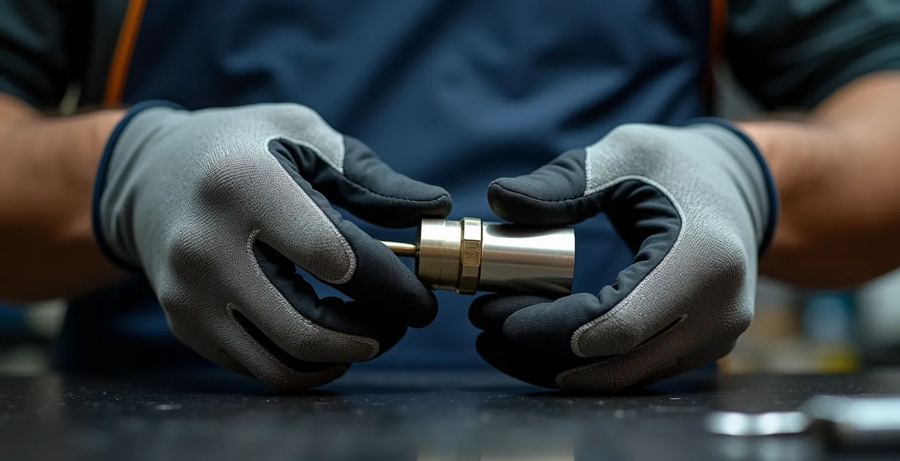 Serrurier portant des gants de protection adaptés, en train de manipuler un cylindre de serrure avec précision