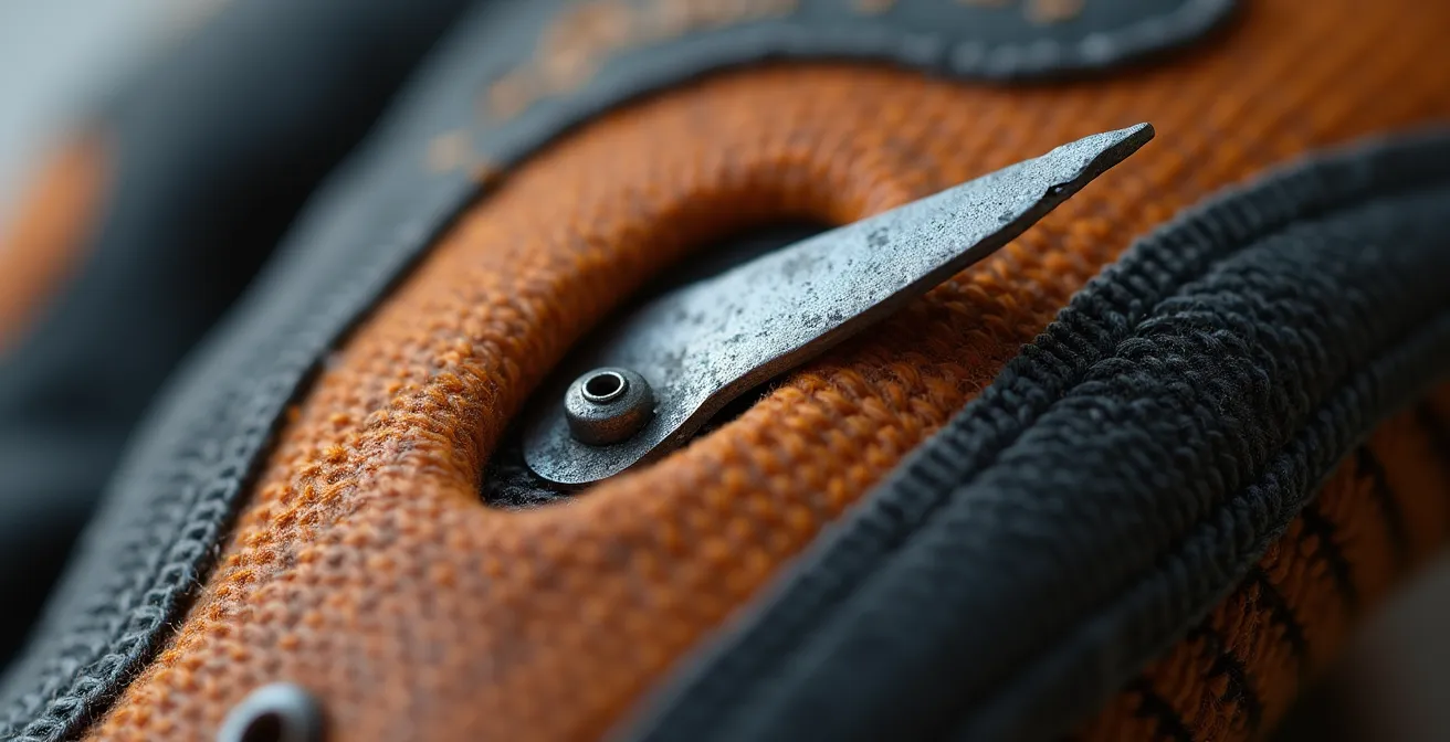 Gros plan détaillé montrant une écharde métallique et les micro-textures causant les micro-blessures chez les serruriers